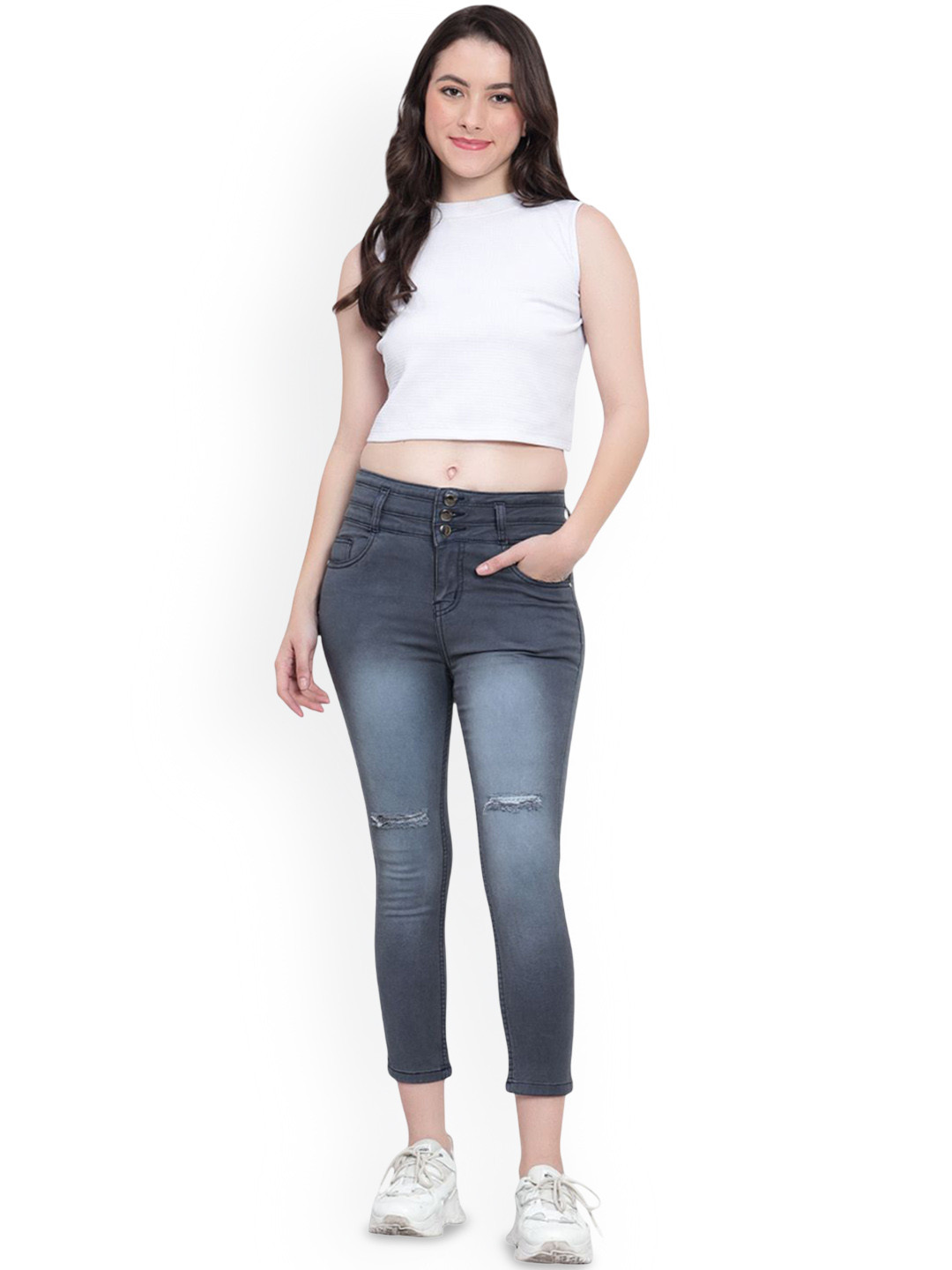 God's Club Women Straight Fit Mid-Rise Low Distress Light Fade Jeans