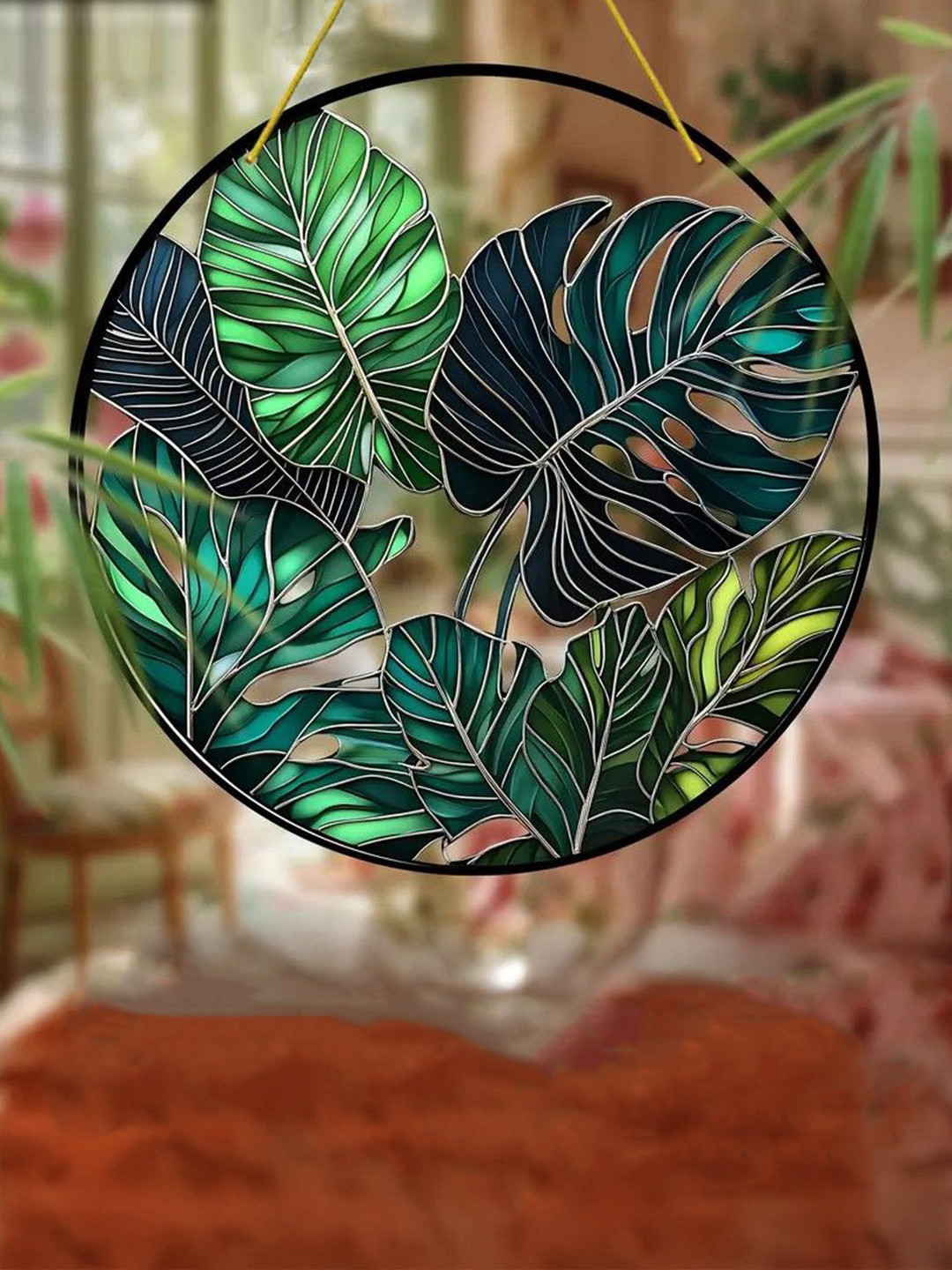 BS AMOR Green Monstera-Plant Stained Glass Panel With Leaf Round UV-Printed Suncatcher