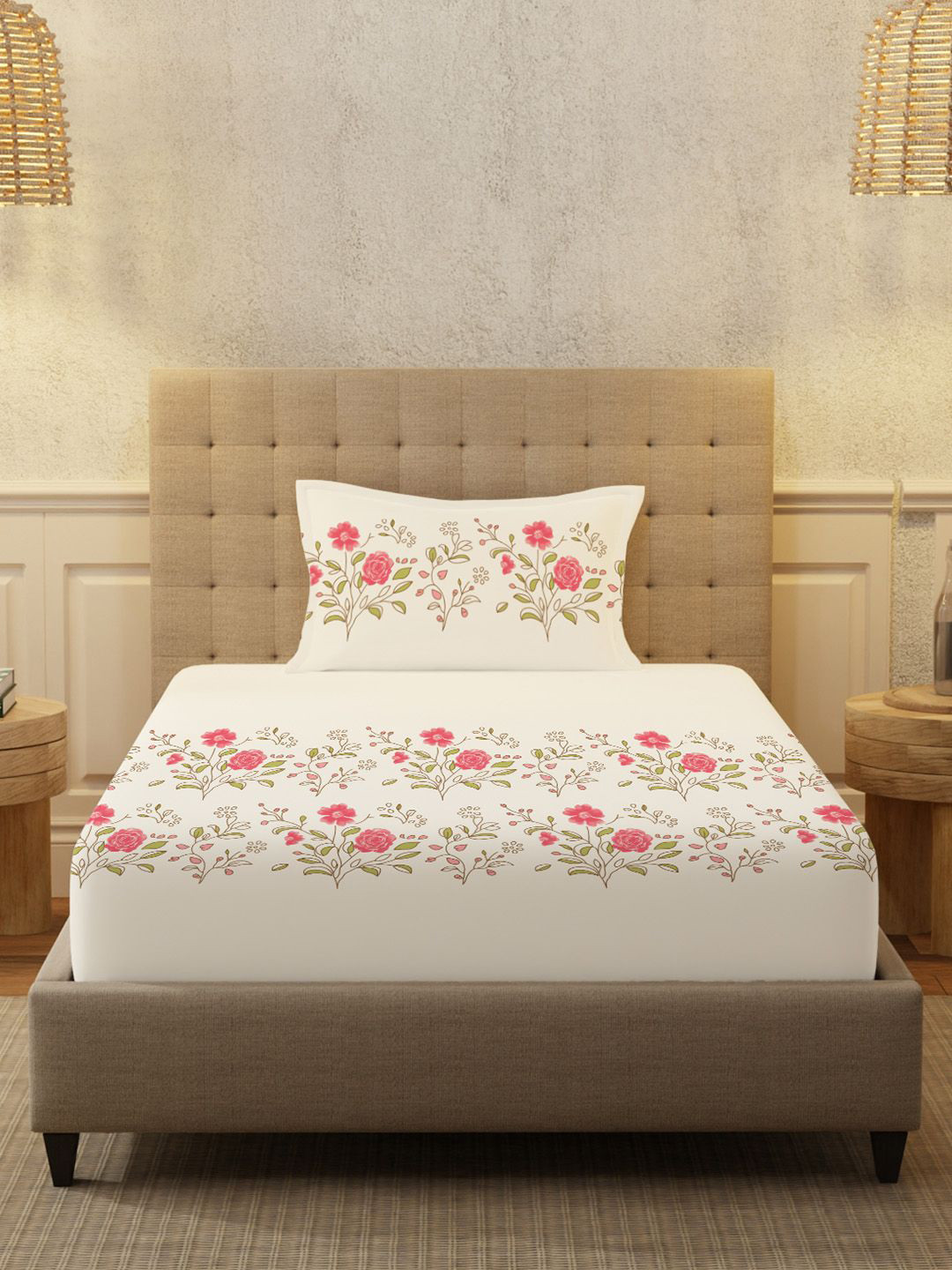 URBAN SPACE Cream-Coloured & Red Floral 200 TC Cotton Single Bedsheet Set 1.47 m x 2.28 m