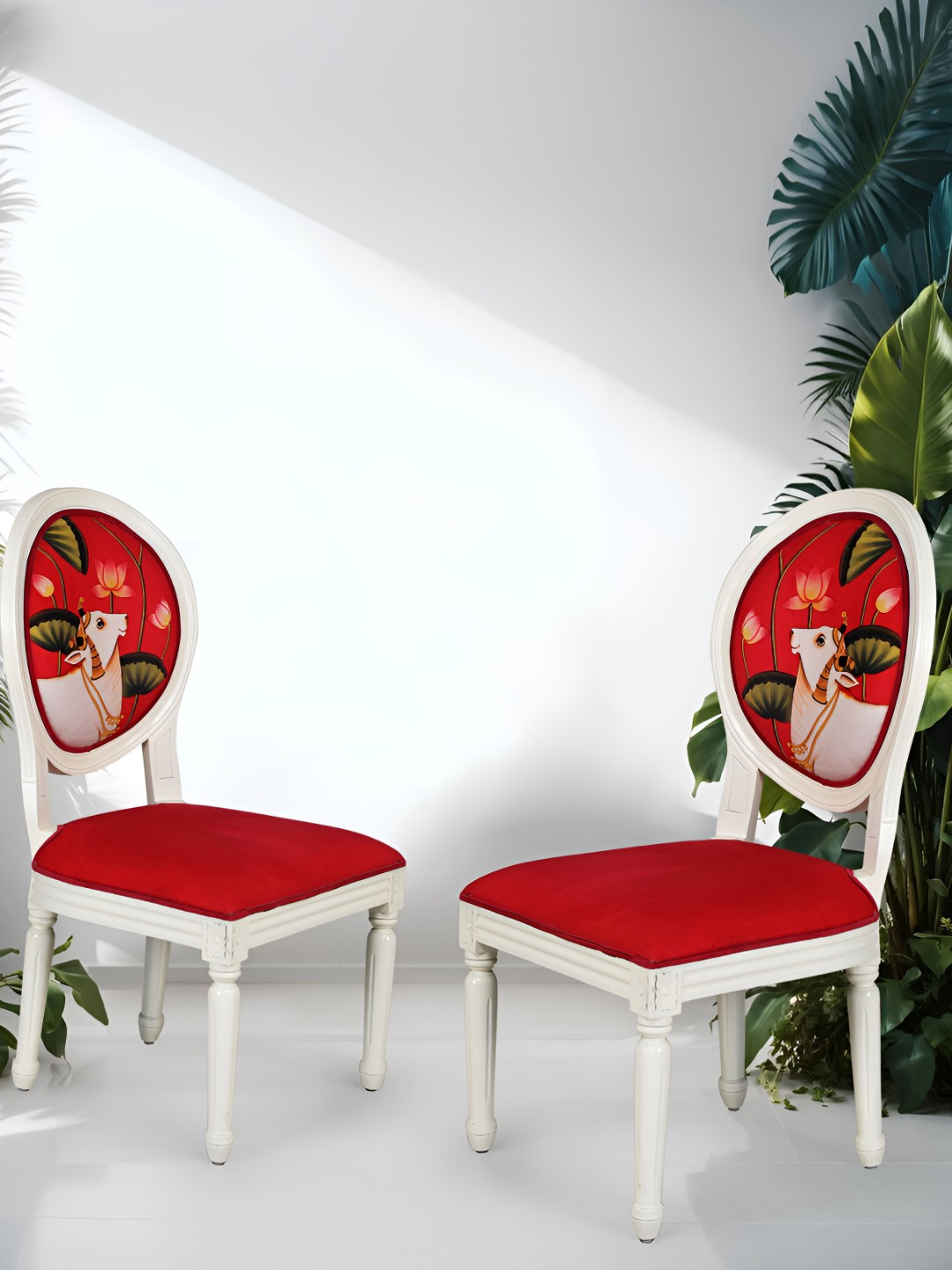 GLOBALLY INDIAN Red & White 2 Pieces Printed Wooden Lounge Chairs