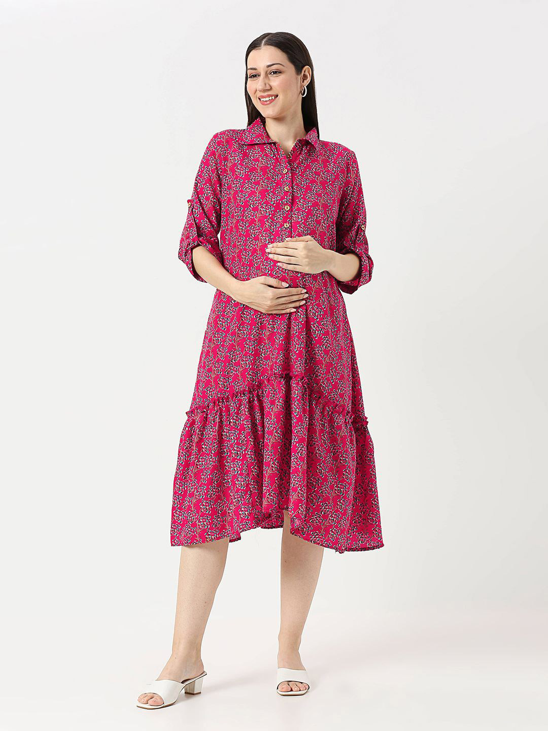 Mom For Sure by Ketki Dalal Women Floral Printed Tiered Maternity Shirt Midi Dress