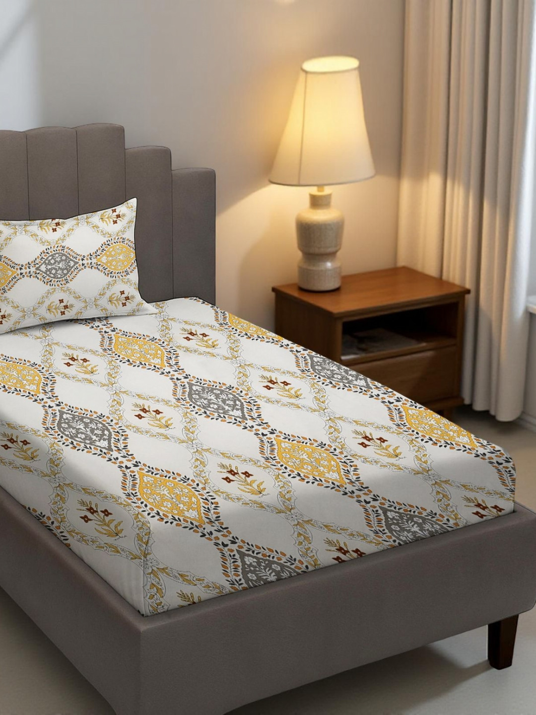 Aura Gold-Toned & White Floral Single Bedsheet With 1 Pillow Cover