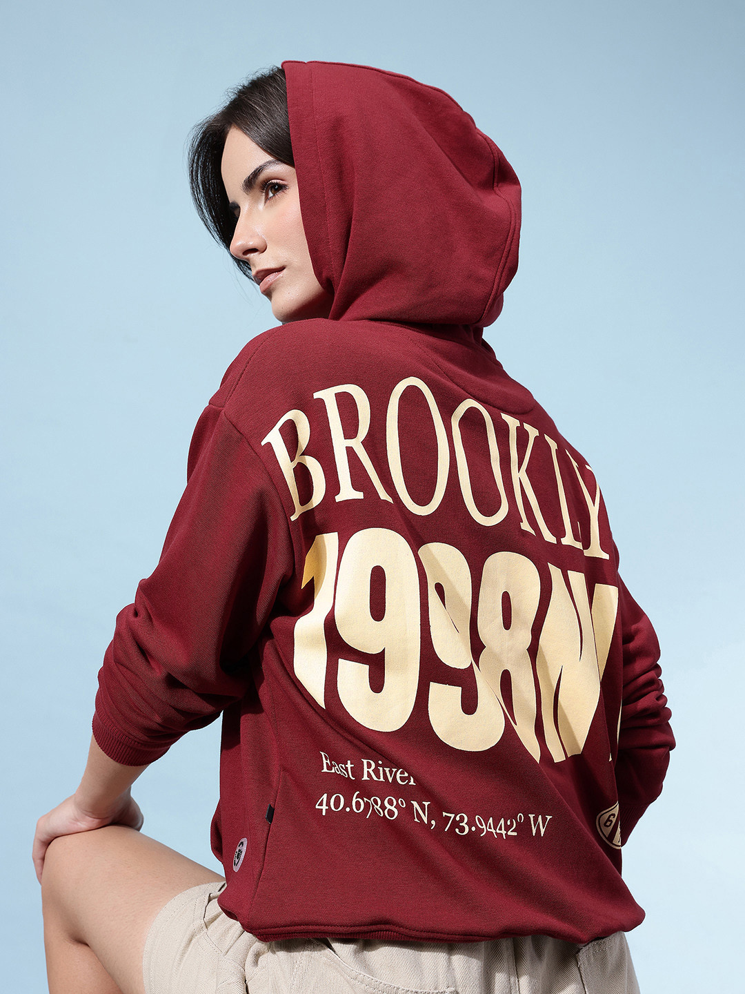 glitchez Typography Print Drop-Shoulder Hooded Relaxed Fit Terry Zip-Up Sweatshirt