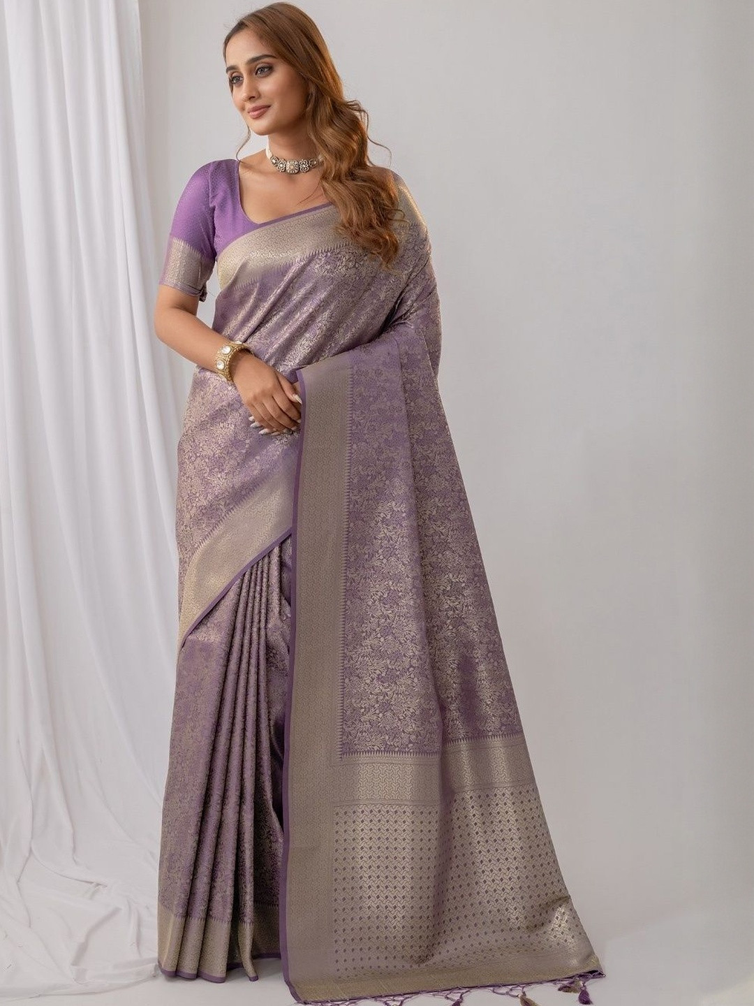 VARYAM Ethnic Motifs Woven Design Satin Banarasi Saree