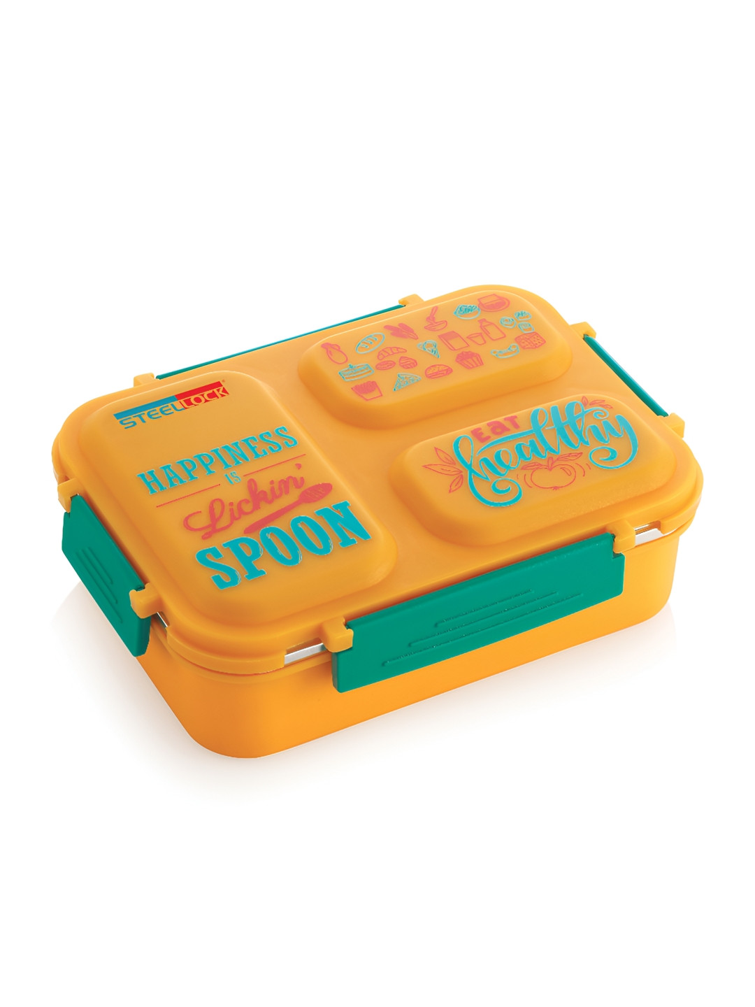 STEELLOCK Yellow & Green Printed 3 Partition Stainless Steel Easy to Clean Lunch Box