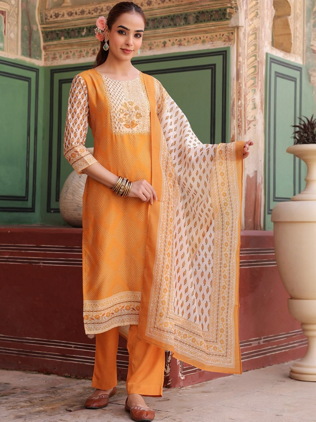 Rain & Rainbow Women Printed Chanderi Cotton Kurta with Trousers & Dupatta Set