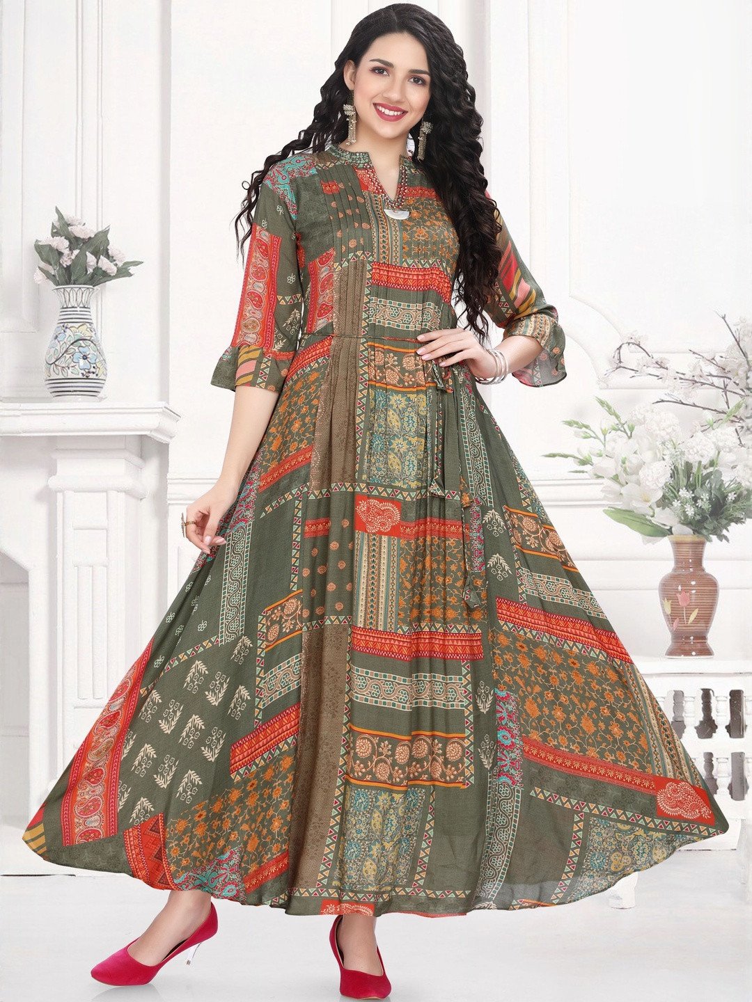 GREAT OUTFITS Women Ethnic Motifs Printed Mandarin Collar Fit and Flare Maxi Dress