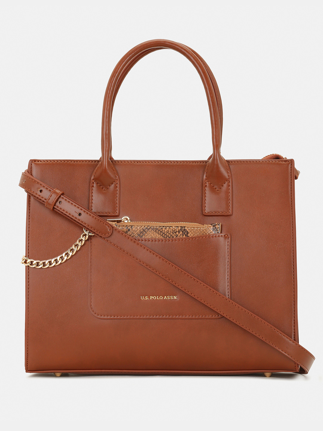 U.S. Polo Assn. Women Bonnie Tan Satchel Bag with Chain Card Holder