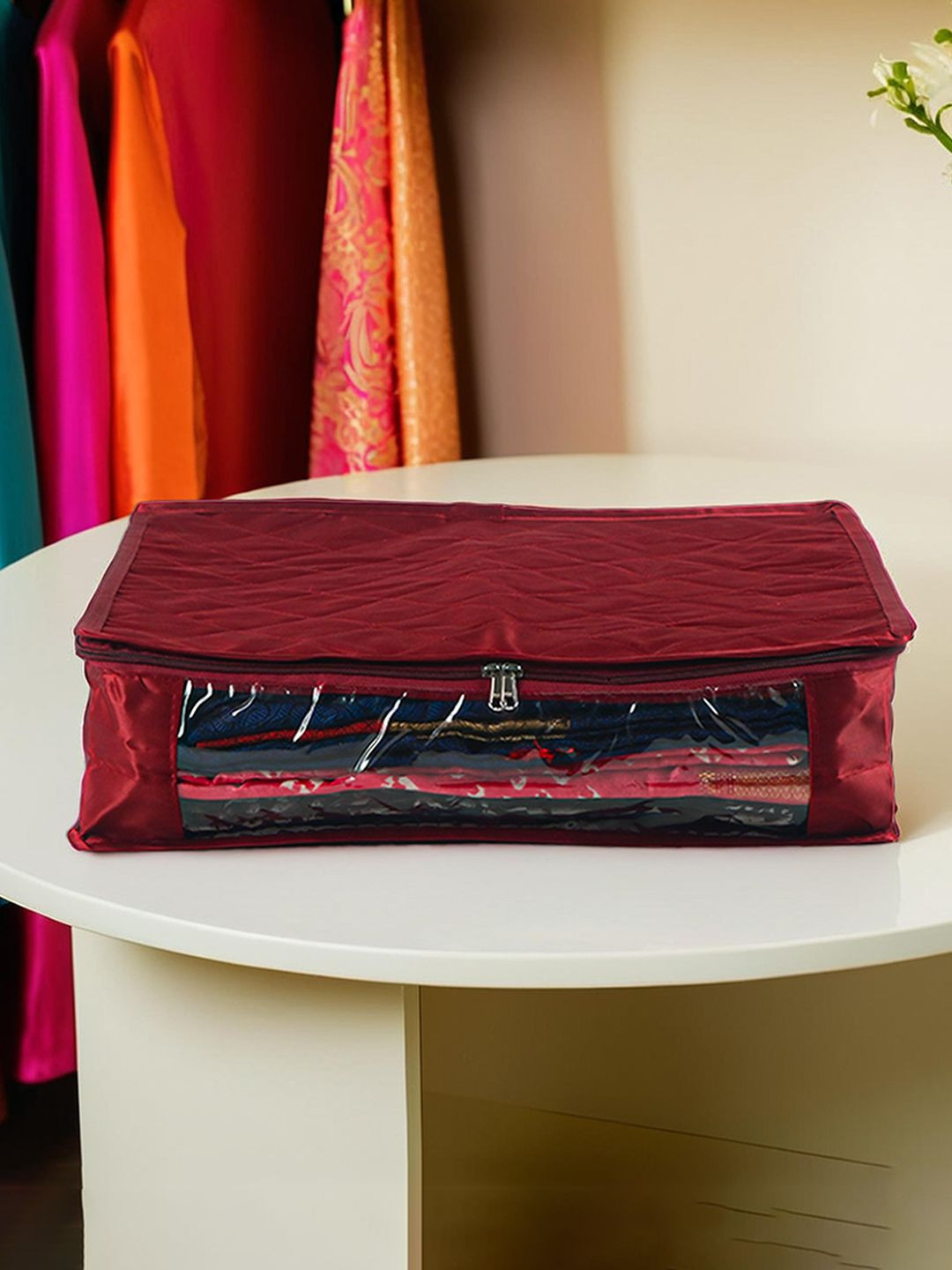 Kuber Industries Maroon & Transparent Satin Saree Cover With Zip Closure