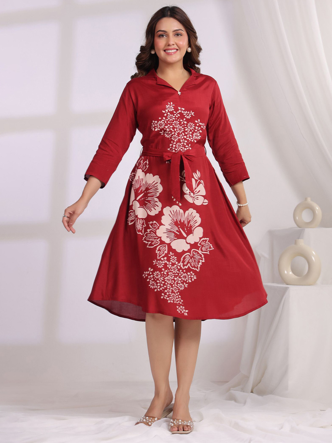 JISORA Women Floral Printed Shirt Collar Russian Silk  Fit And Flare Midi Dress