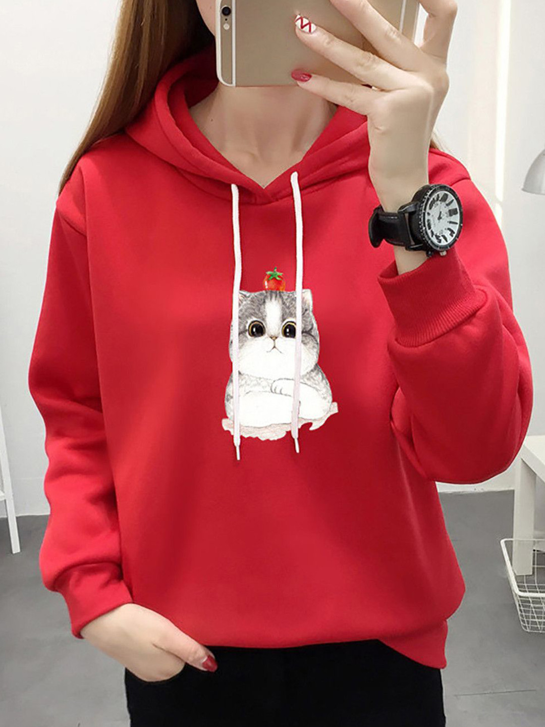 KPOP Women Red Graphic Hooded Sweatshirt