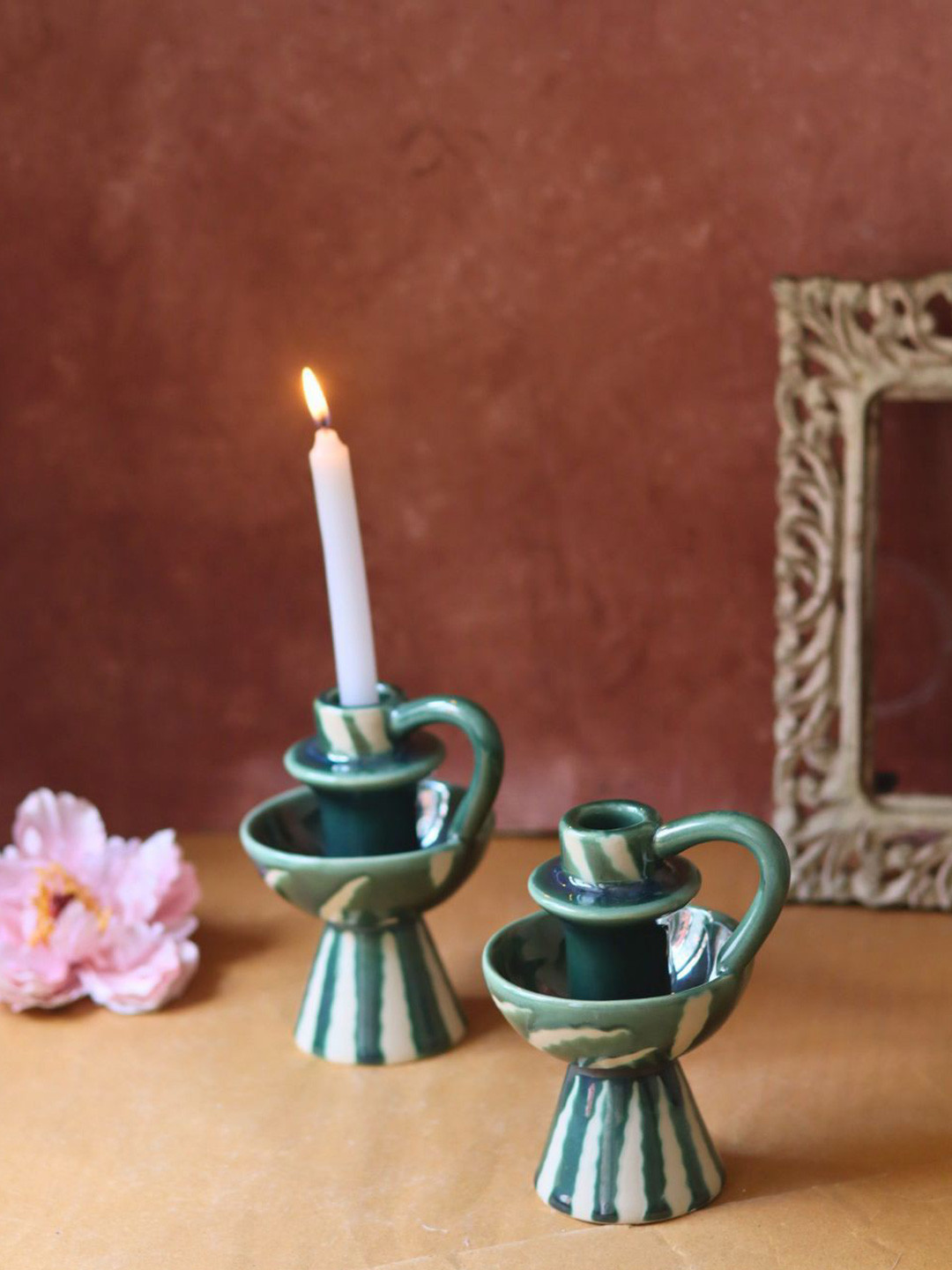 WEAVING HOMES Padma Green & White 2 Pieces Printed Ceramic Candle Holders