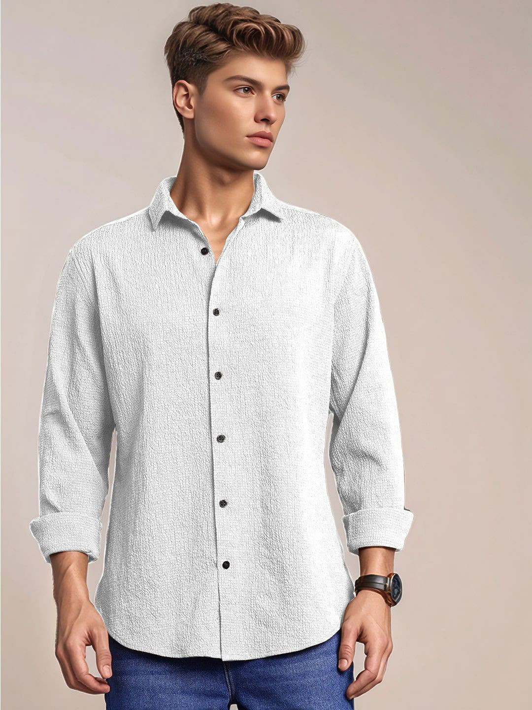 R.Code by The Roadster Life Co. Standard Self Design Spread Collar Roll-Up Sleeves Shirt