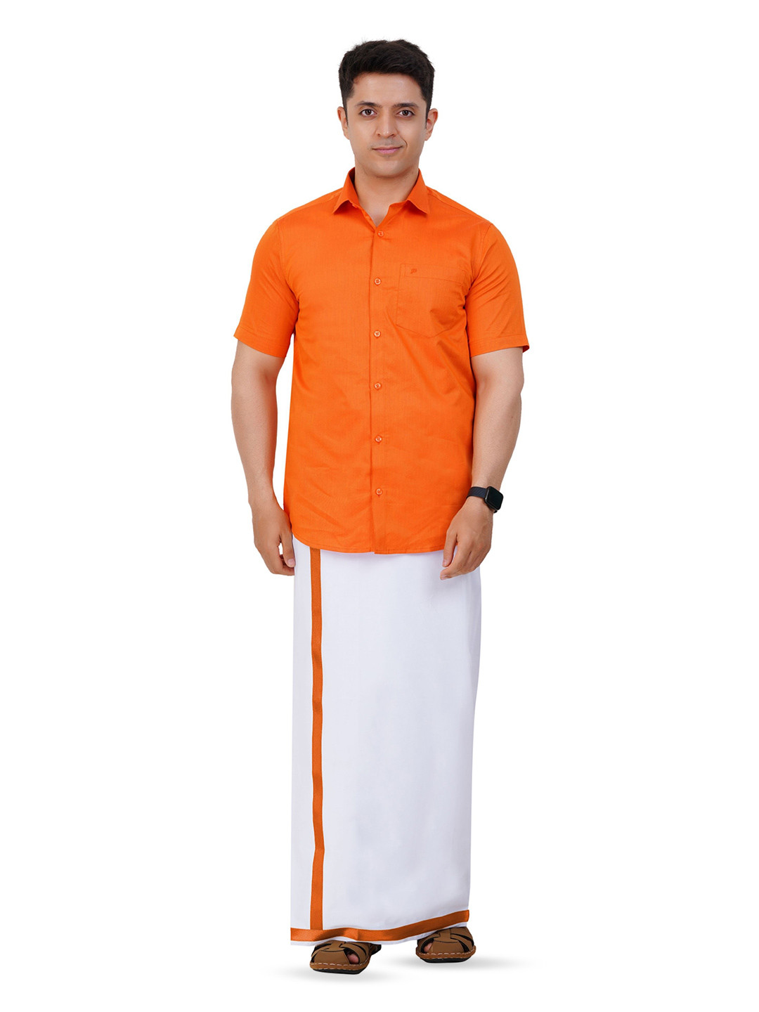 PRAKASAM COTTON Readymade Half Sleeve Shirt and Matching Border Dhoti Set