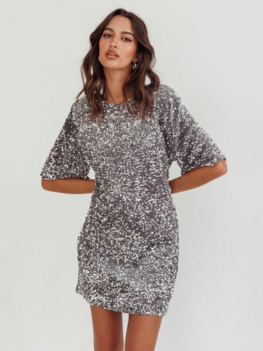 Silver Sequined Short Sleeve Mini Party Dress