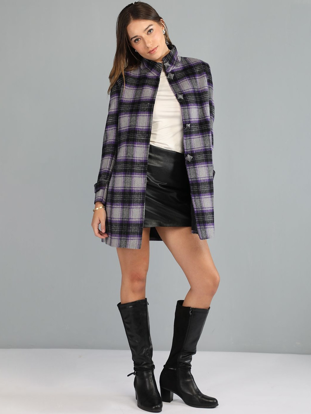 Roadster Women Checked Stand Collar Regular Fit Trench Coat