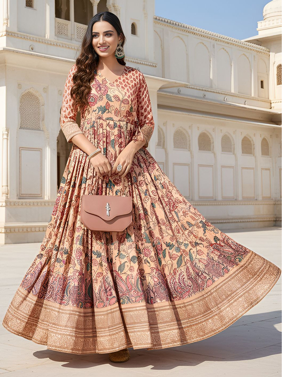 KALANANDI Women Kalamkari Printed V-Neck Fit & Flared Maxi Ethnic Dresses