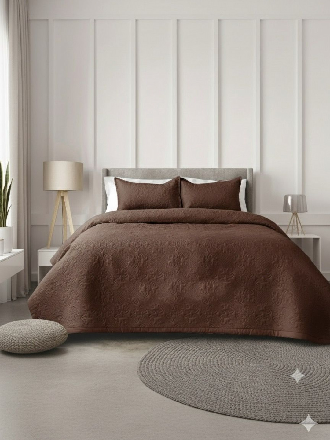 Triani Brown Quilted Cotton 300-TC King Bedsheet Set-2.55 m x 2.30 m