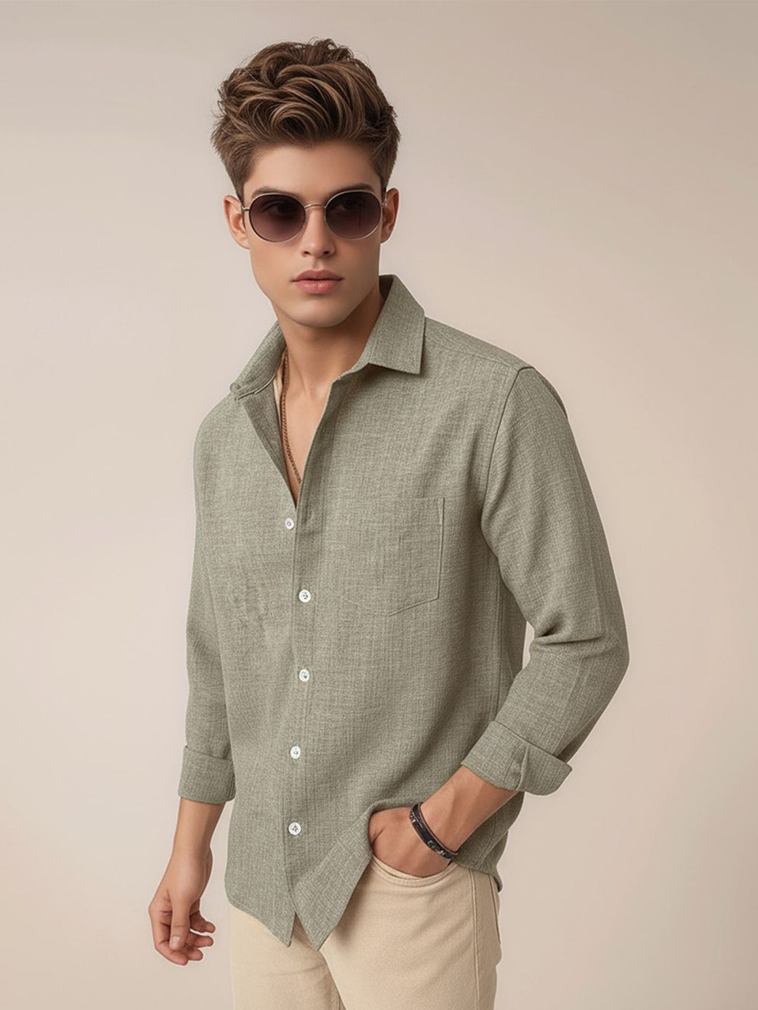 R.Code by The Roadster Life Co. Standard Self Design Spread Collar Roll-Up Sleeves Shirt