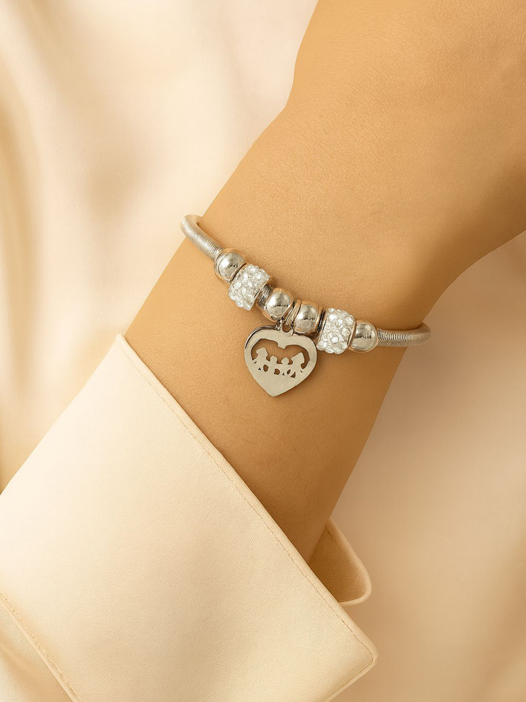 I Jewels Silver-Plated Crystals Studded Charm Bracelet With Heart Drop