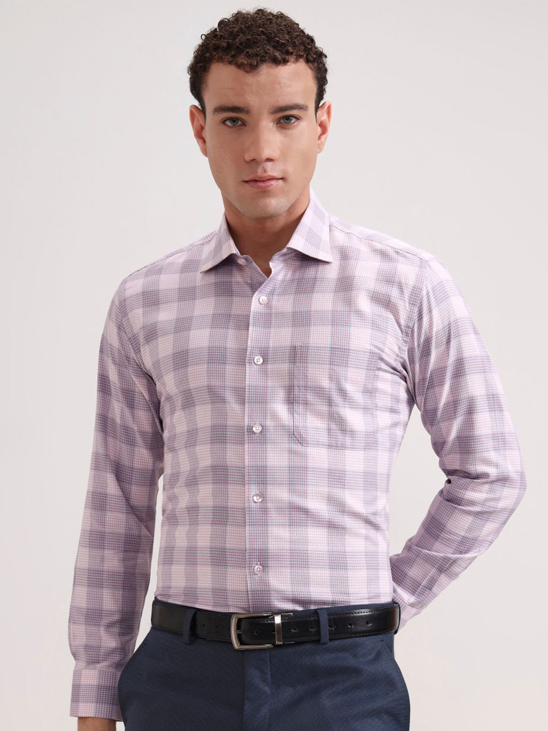 METAL Checked Spread Collar Slim Fit Cotton Formal Shirt