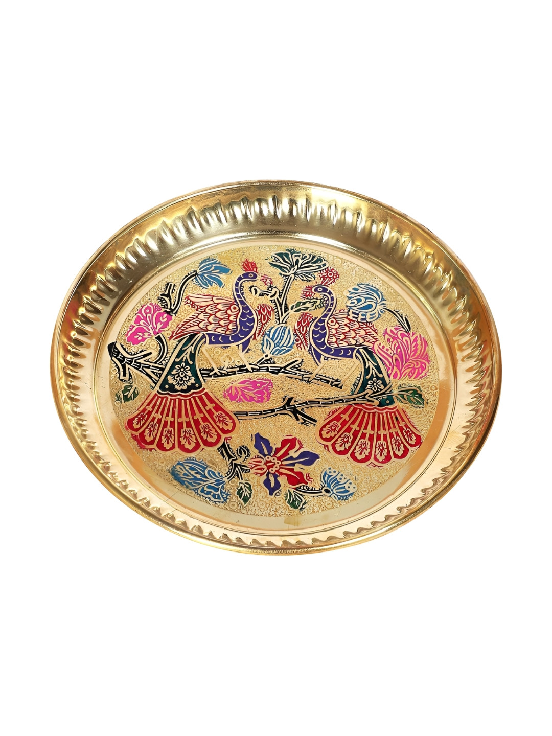 SanatanSiddhi Gold-Toned & Red Round Peacock Patterned Pooja Thali