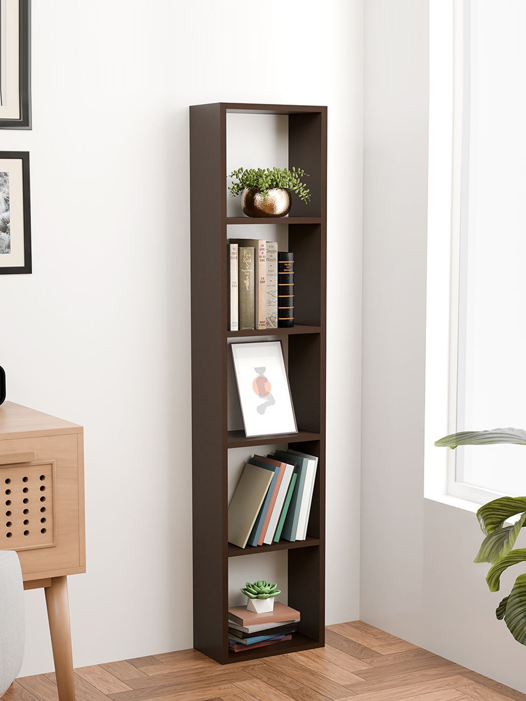 Kuber Industries Brown 5-Tier Wooden Book Shelf