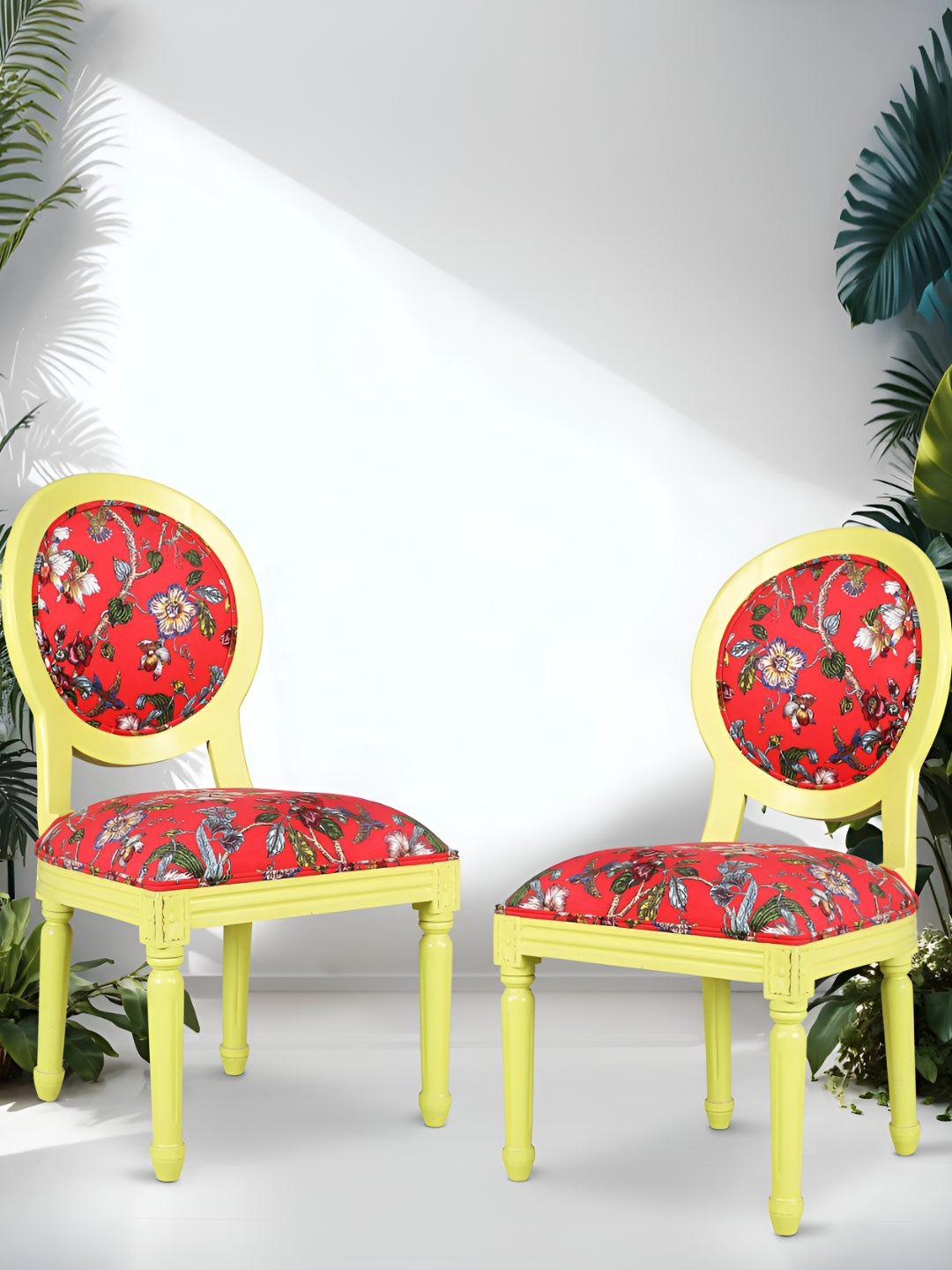 GLOBALLY INDIAN Red & Yellow 2 Pieces Printed Wooden Lounge Chairs