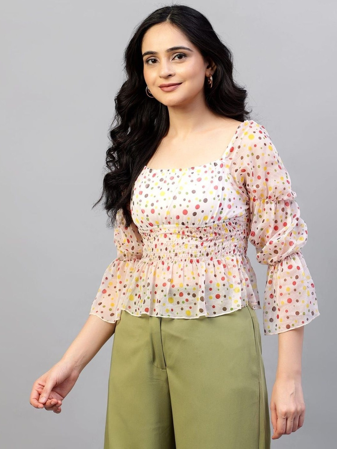 K Y W Women Polka Dots Printed Smocked Square Neck Top