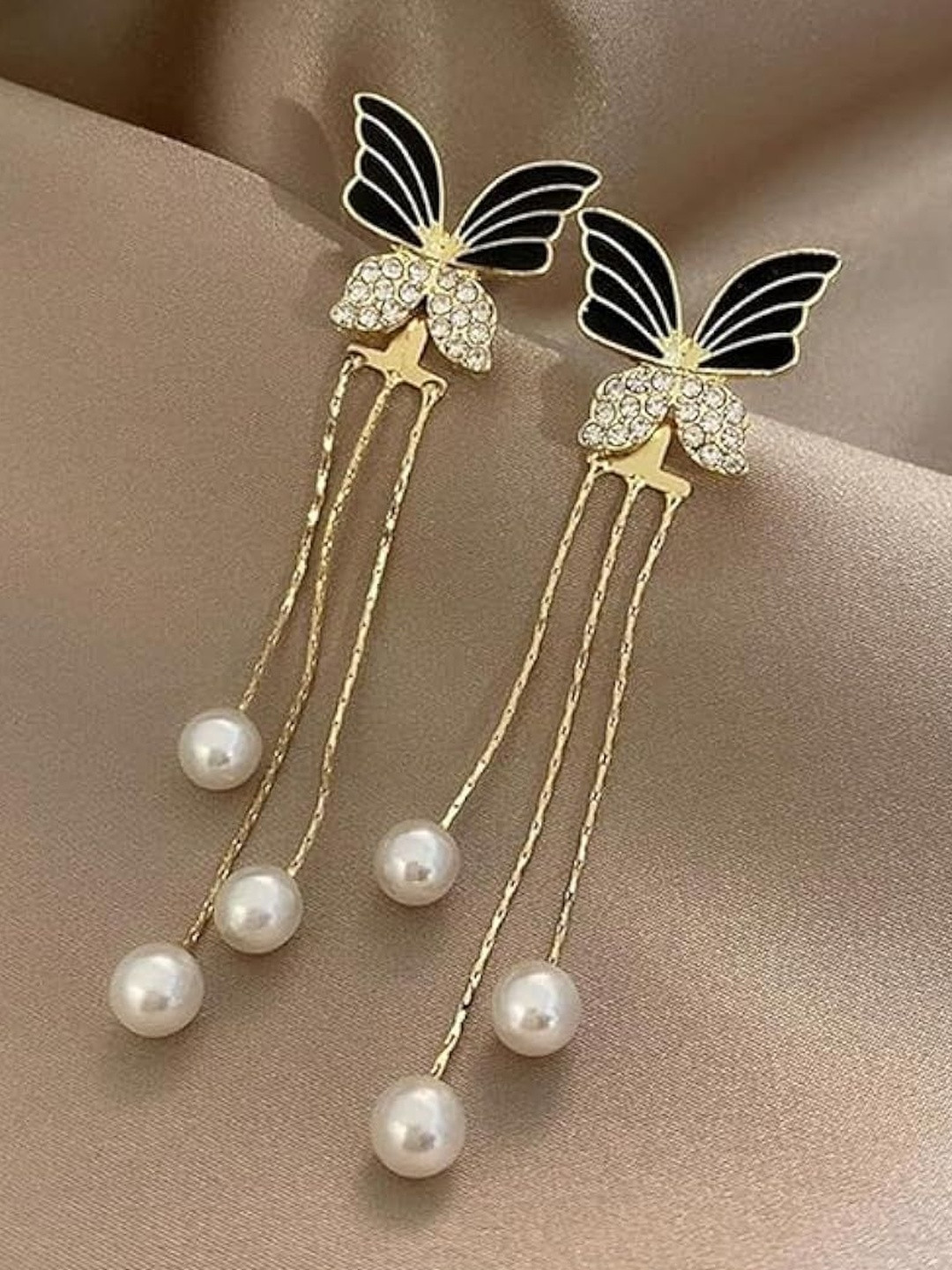 Jewelfy Gold-Plated Korean Black Butterflies Alloy Pearls Studs