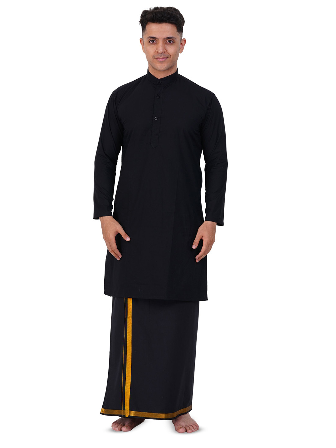 PRAKASAM COTTON Mens Flexi Readymade Black Jari Border dhoti with Full sleeve Long Kurta