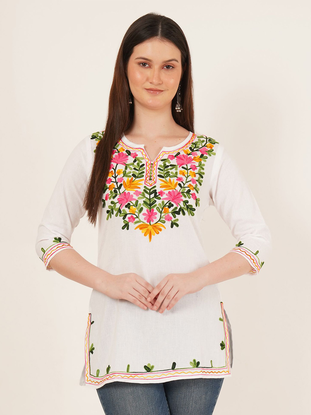 Missethic Floral Yoke Design Notch Neck Thread Work Pure Cotton Straight Kurti