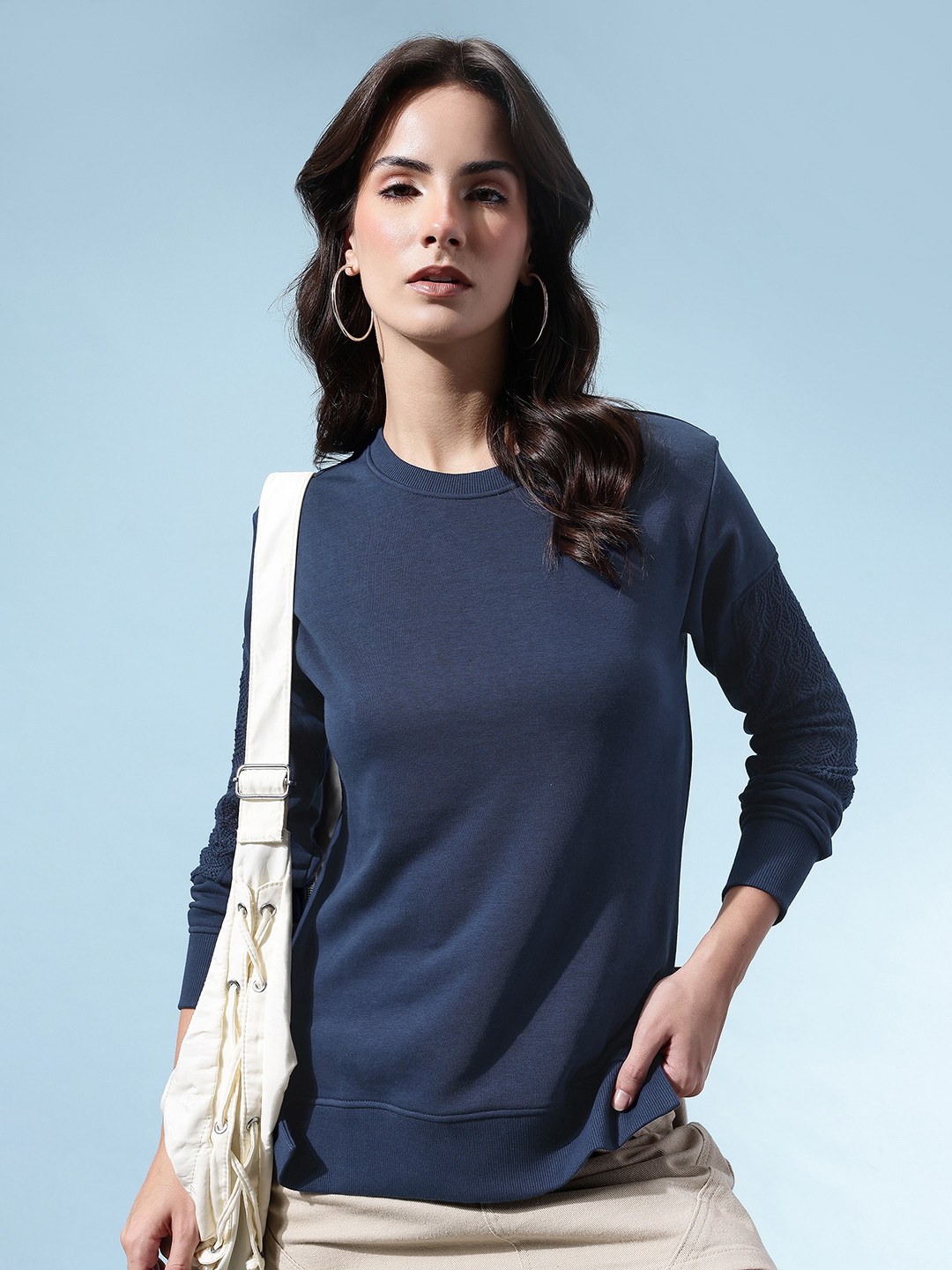 glitchez Crochet Lace Inserts Drop-Sleeves Terry Sweatshirt with Side Slits