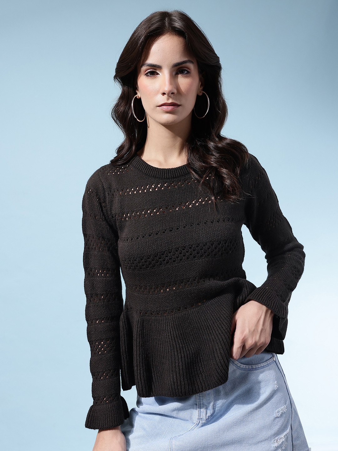 glitchez Open Knit Peplum Pullover With Bell Sleeves
