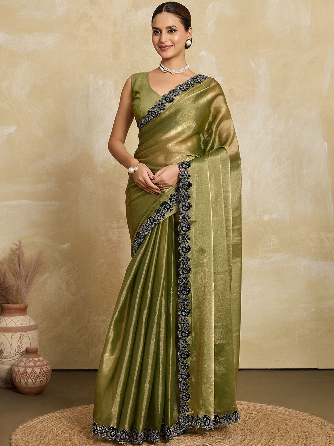 VASTRA-THE FACTORY STORE Paisley Embroidered Scallop Bordeer Tissue  Saree