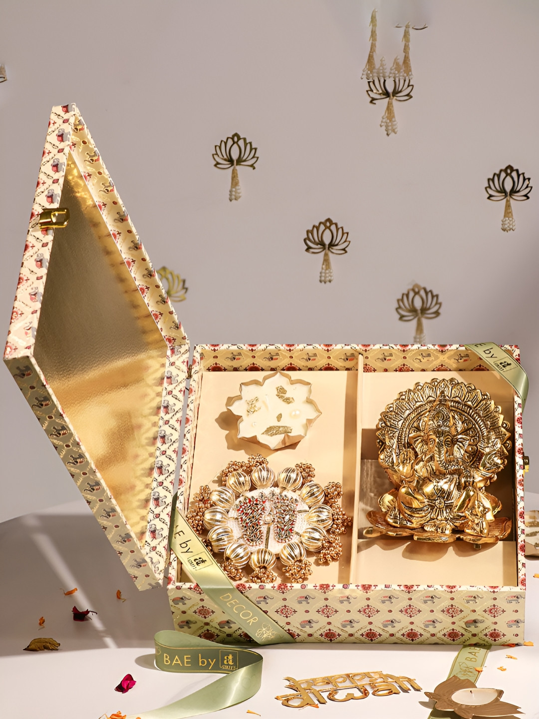 Art Street Gold-Toned 4 Pieces Laxmi Ganesh Idol & Charan & Urli Diya Set Gift Hampers Box