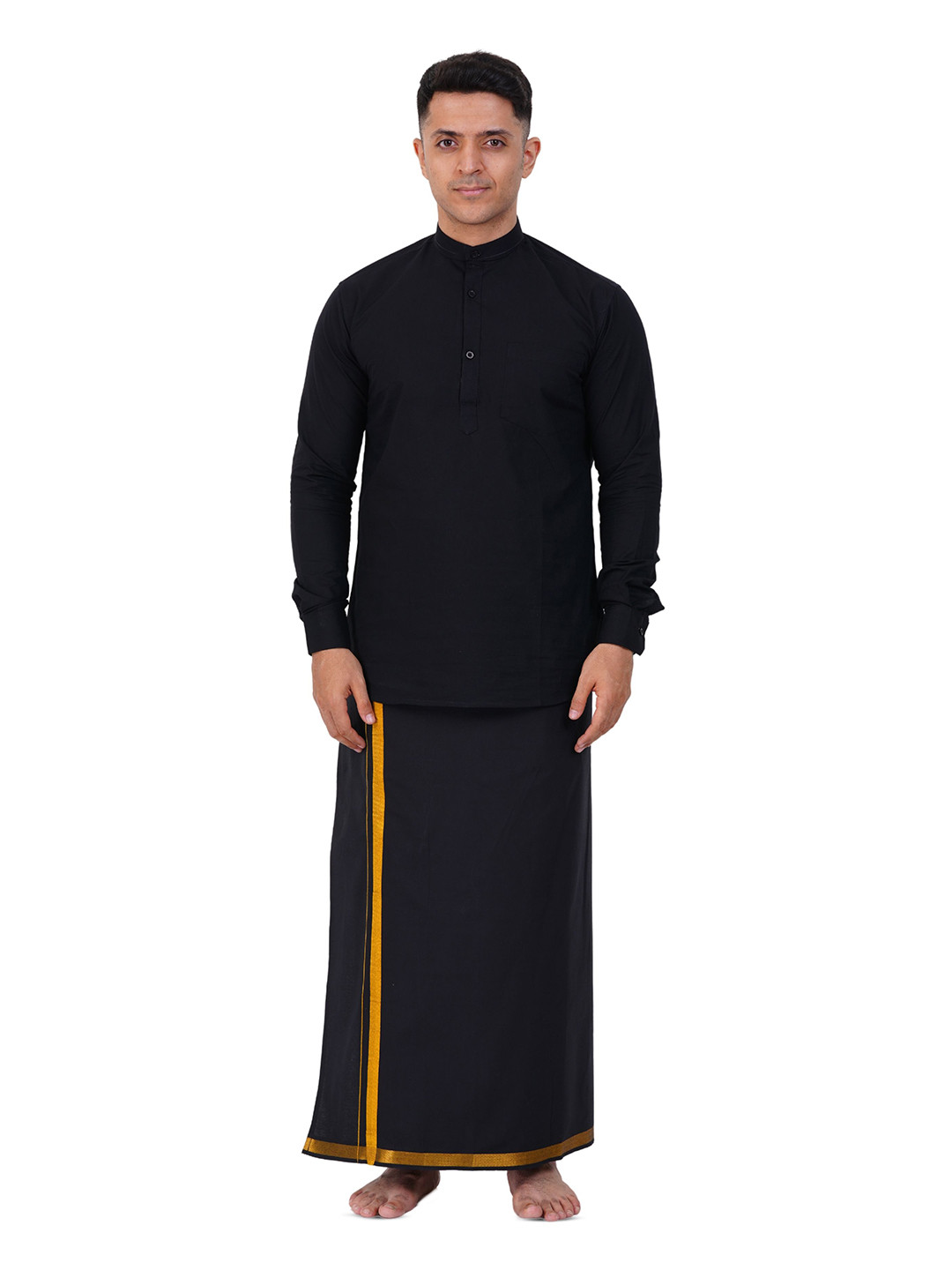 PRAKASAM COTTON Mens Gold Jari Flexi Adjustable Pocket Dhoti with Full Sleeve Short Kurta
