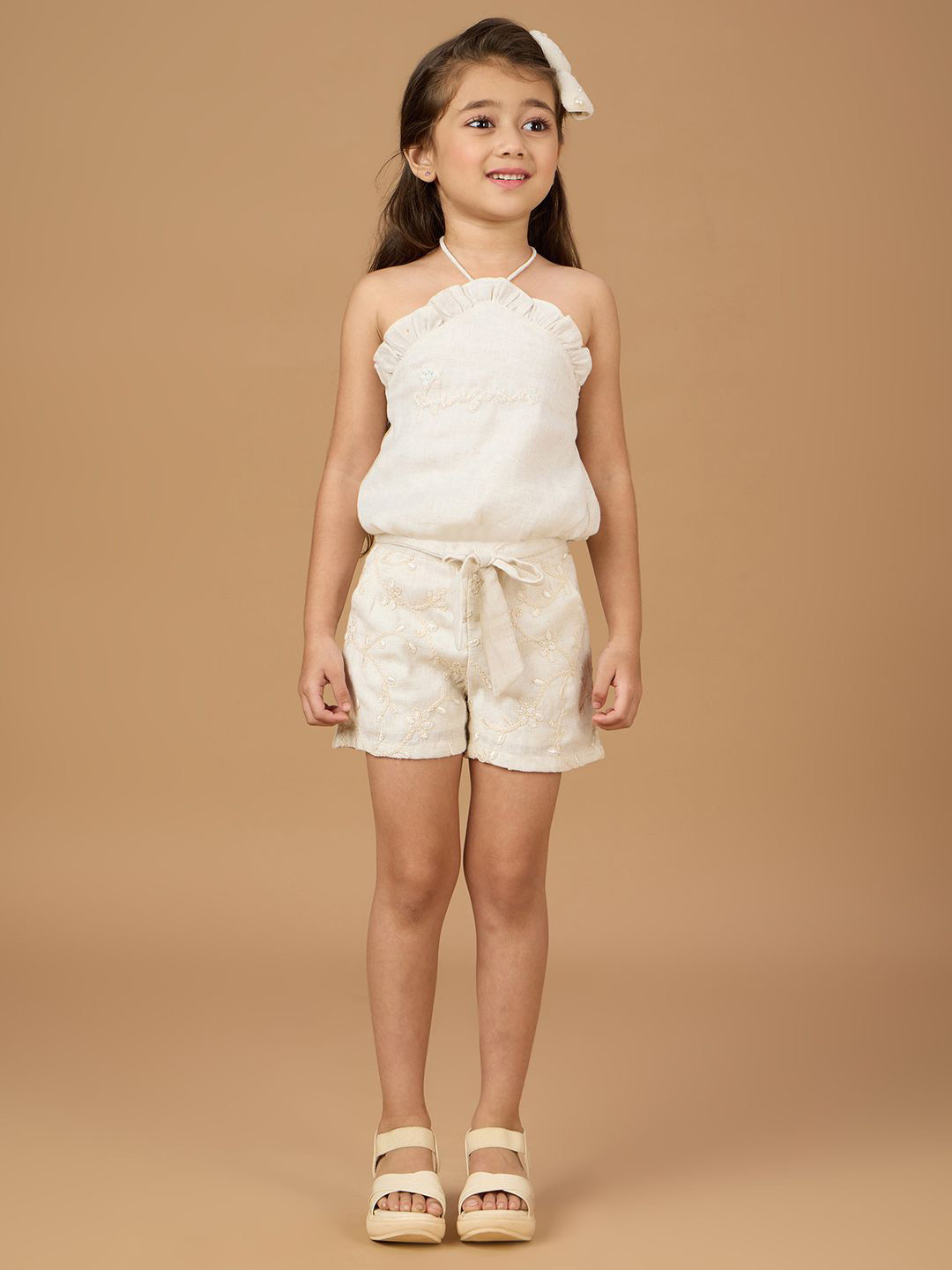 Macwin Girls Self Design Halter Neck Top With Short