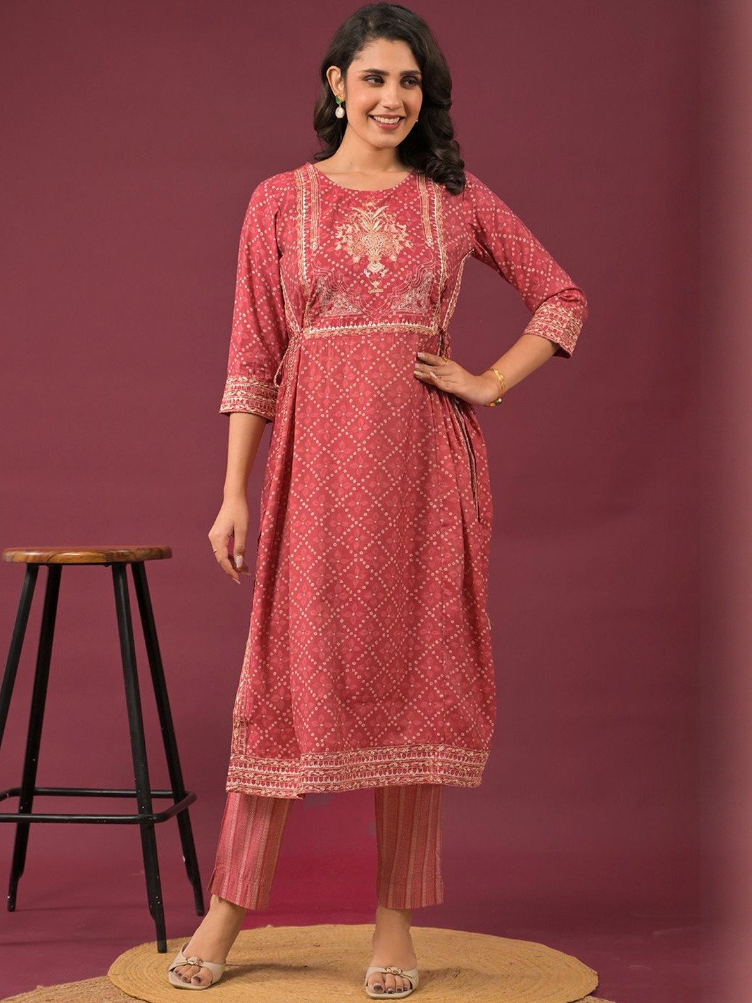 RUSTICWEAVE Bandhani Printed Round Straight Neck Kurta With Palazzo & Dupatta