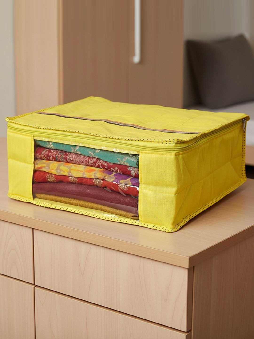 Kuber Industries Yellow & Transparent Silk Saree Cover With Zip Closure