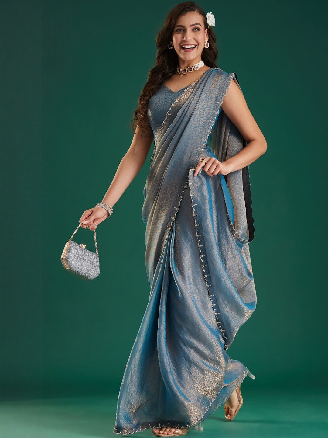 ECOLEAF Woven Design Daimond Work Lace Border Saree