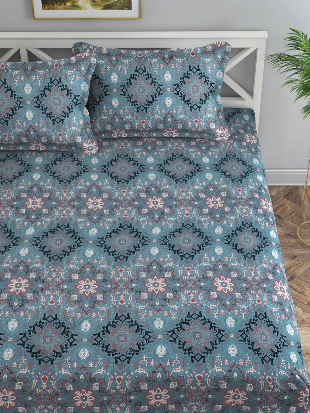 Florida Navy Blue & Red Ethnic Motifs Printed 120 TC King Bedsheet With 2 Pillow Covers