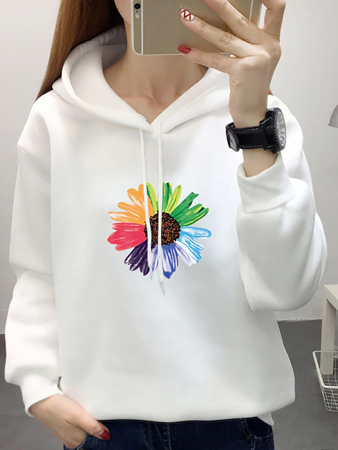 KPOP Women Floral Printed Long Sleeves Hooded Pullover Sweatshirt