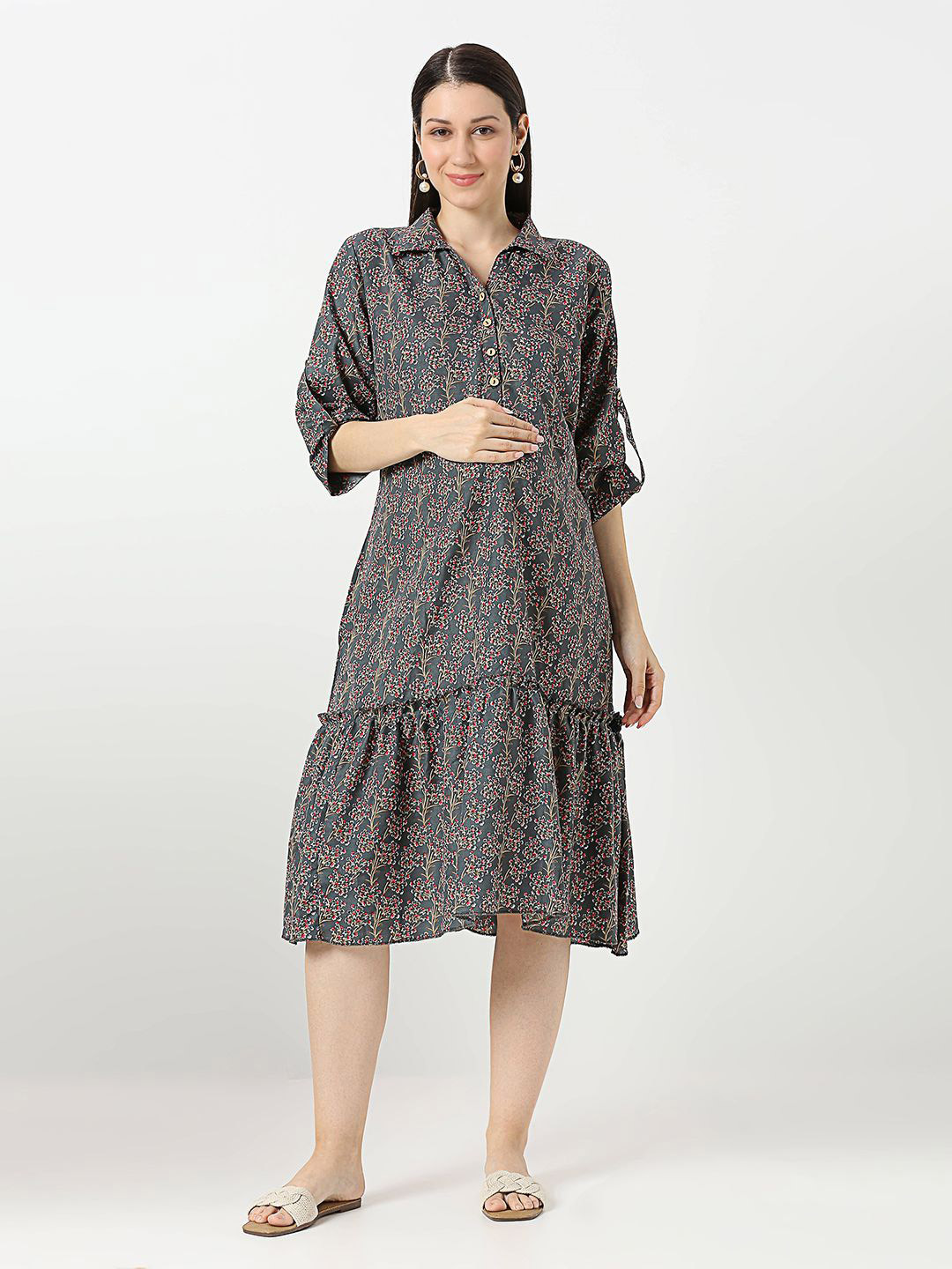 Mom For Sure by Ketki Dalal Floral Printed Maternity A-Line Midi Dress