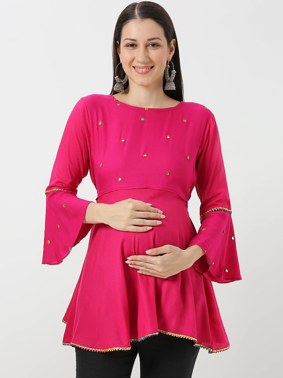 Mom For Sure by Ketki Dalal Women Maternity Embellished Bell Sleeves Peplum Top