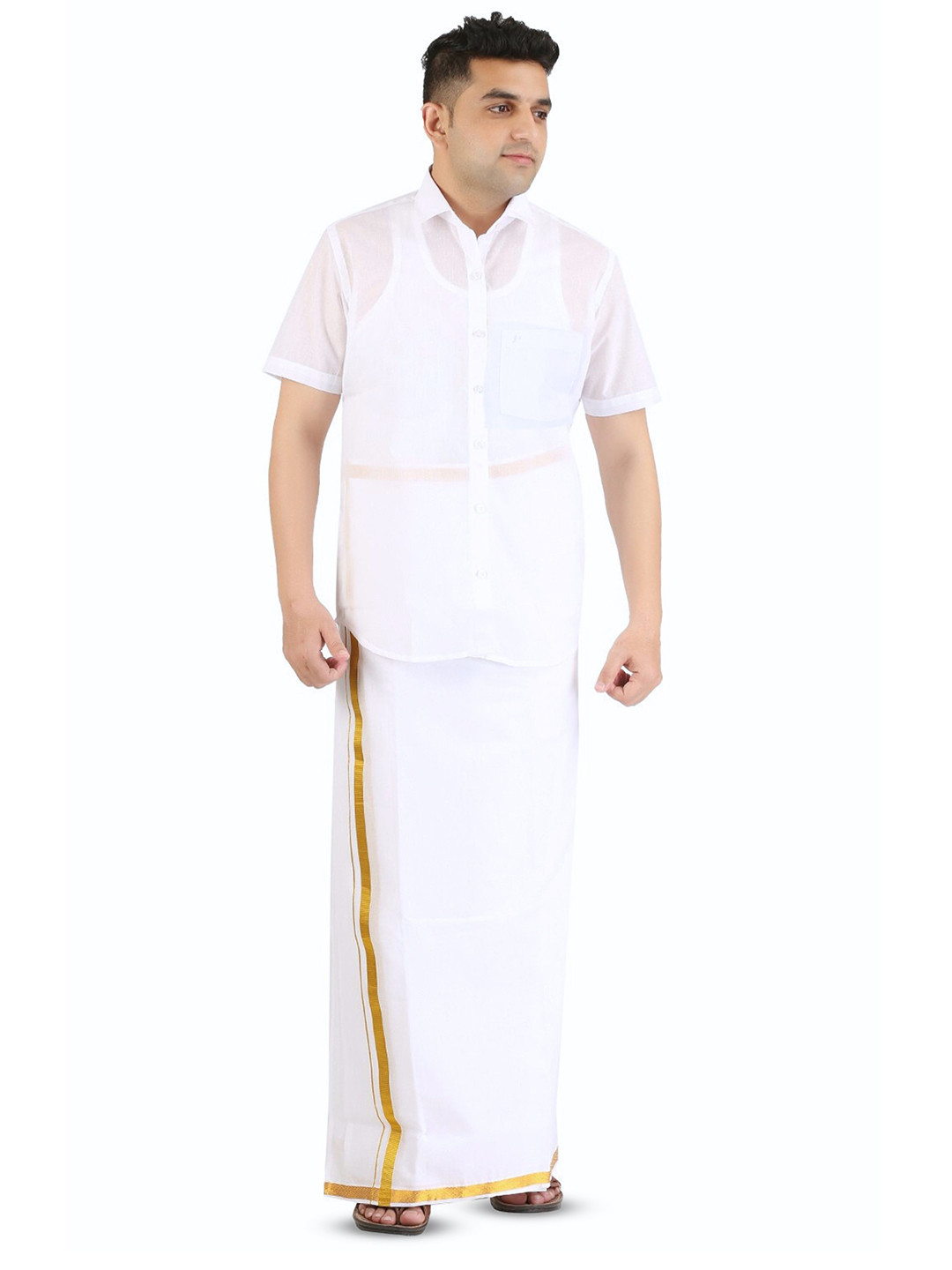 PRAKASAM COTTON Men's Half Sleeve Shirt With Double Leyar Dhoti Set