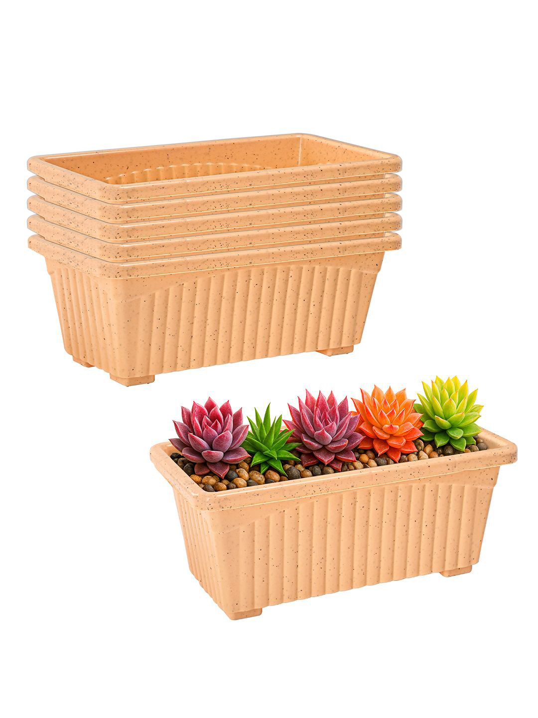 Kuber Industries Marble Jupitar Beige 6 Pieces Rectangular Break-Resistant Flower Pots