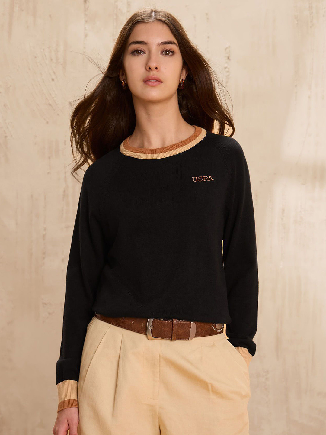 U.S. Polo Assn. Women Pure Cotton Round Neck Raglan Sleeves Pullover Sweater