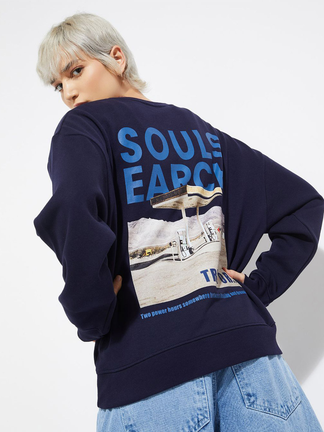 max Women Typography Printed Round Neck Long Sleeves Cotton Pullover Sweatshirt