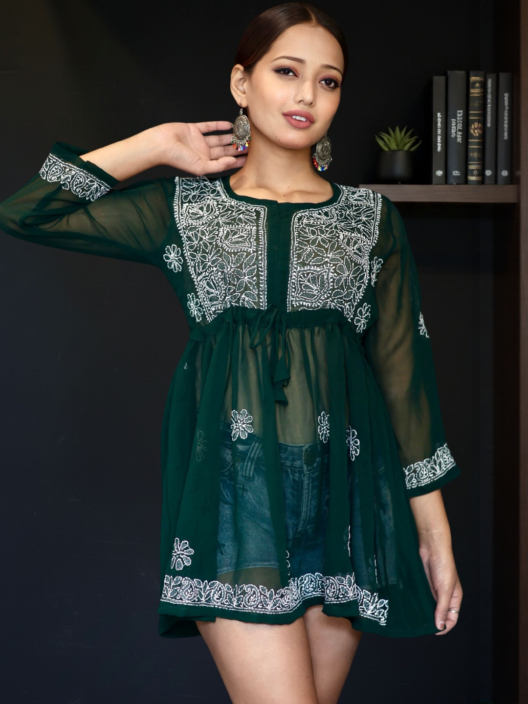 myplusfashion Women Green Polyester Lucknowi Chikankari Hand Embroidered Tunic Top